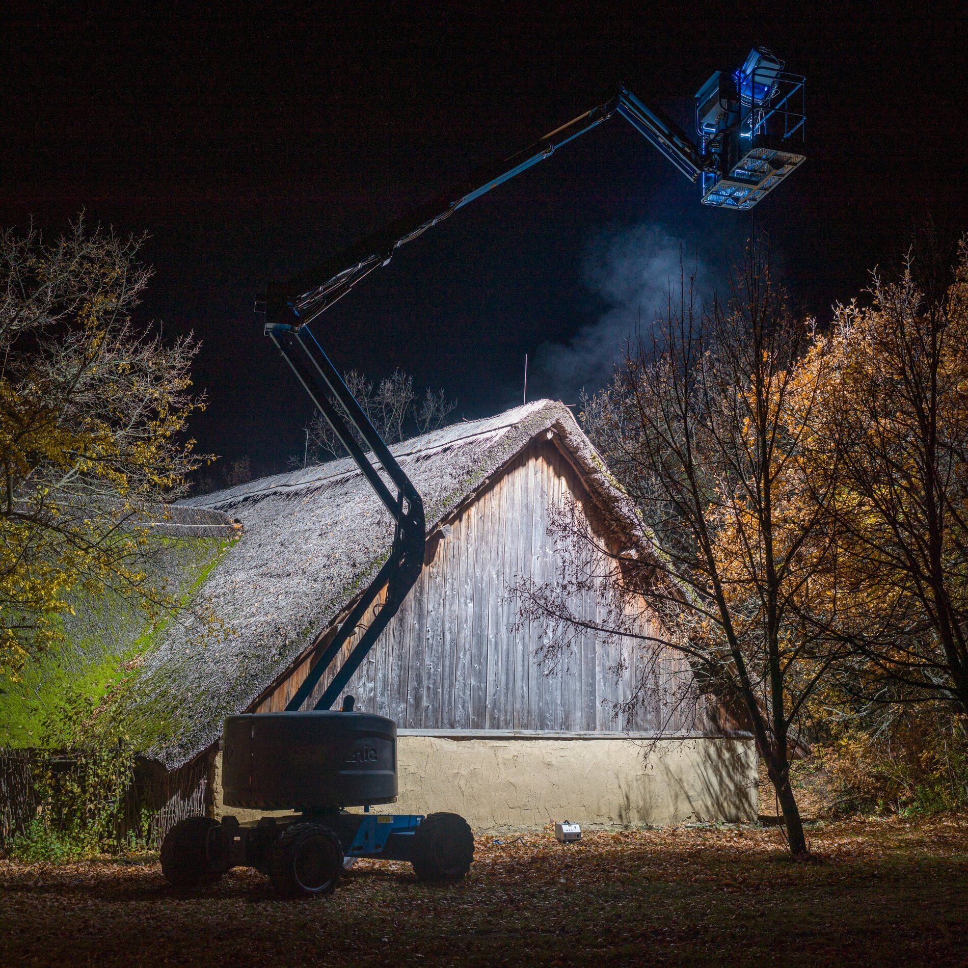 Camera crane operating at night